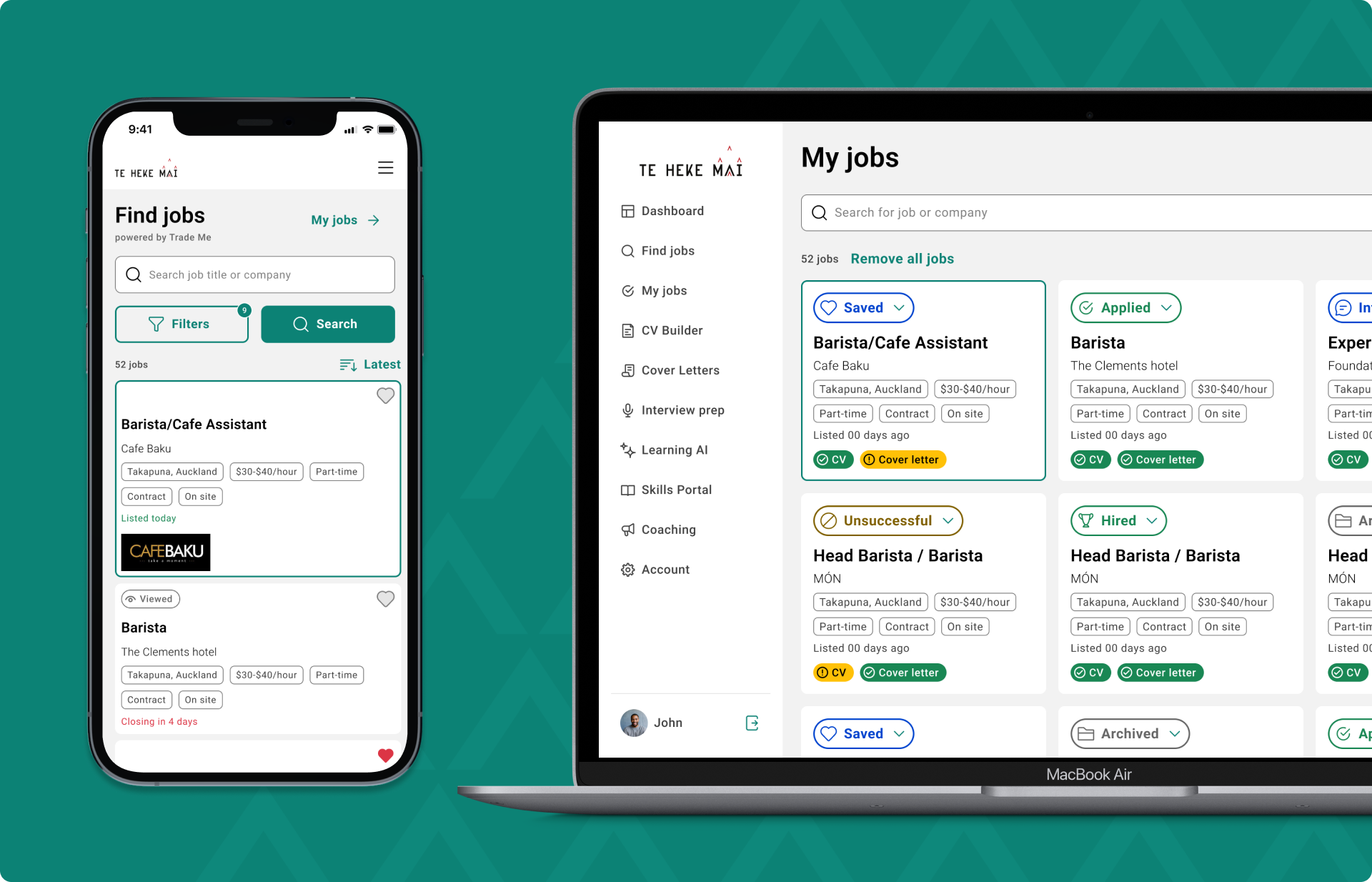 The My Jobs hub on mobile and desktop, showing saved, applied and tracked applications.