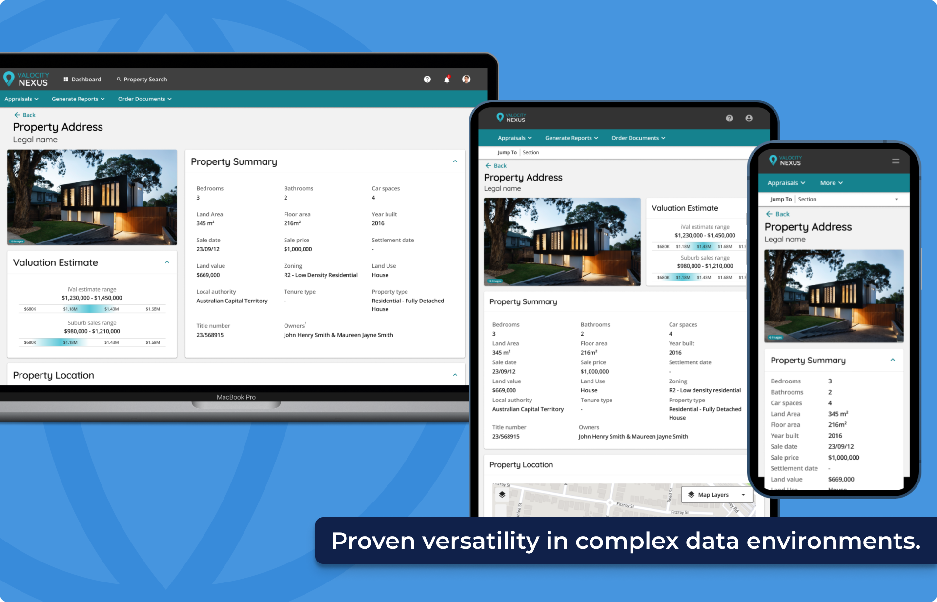 The Nexus CMA tool shown responsively across desktop, tablet, and mobile, presenting dense property data in a clean, consistent layout.