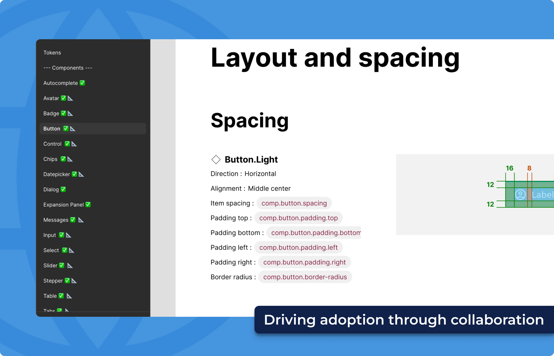 Quantum documentation showing layout and spacing tokens for the Button.Light component, with named padding and border-radius tokens.